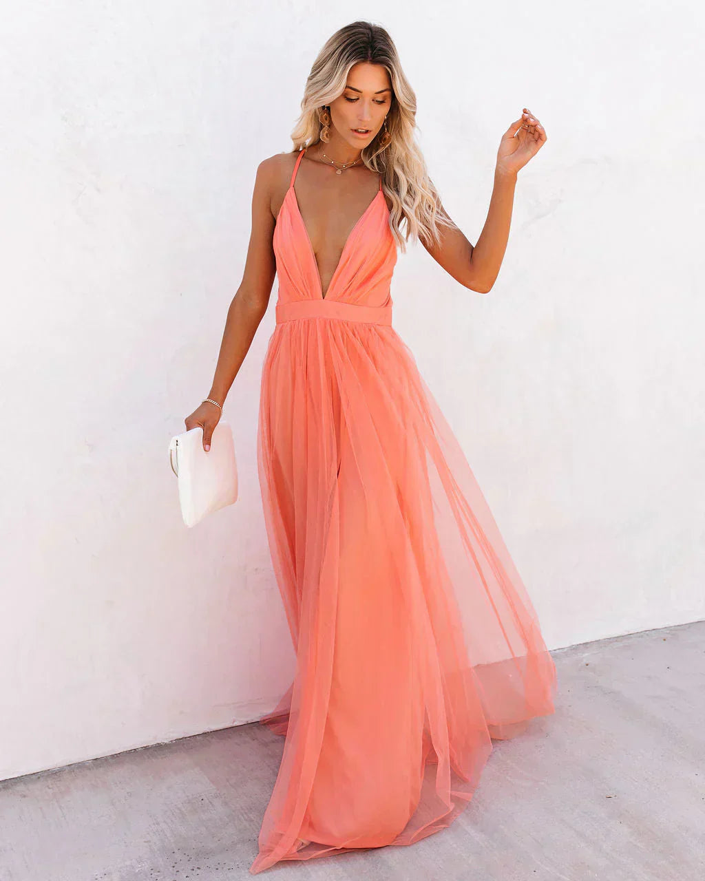 Women's Summer Tulle Maxi Dress with V-Neck and Cross-Back Straps