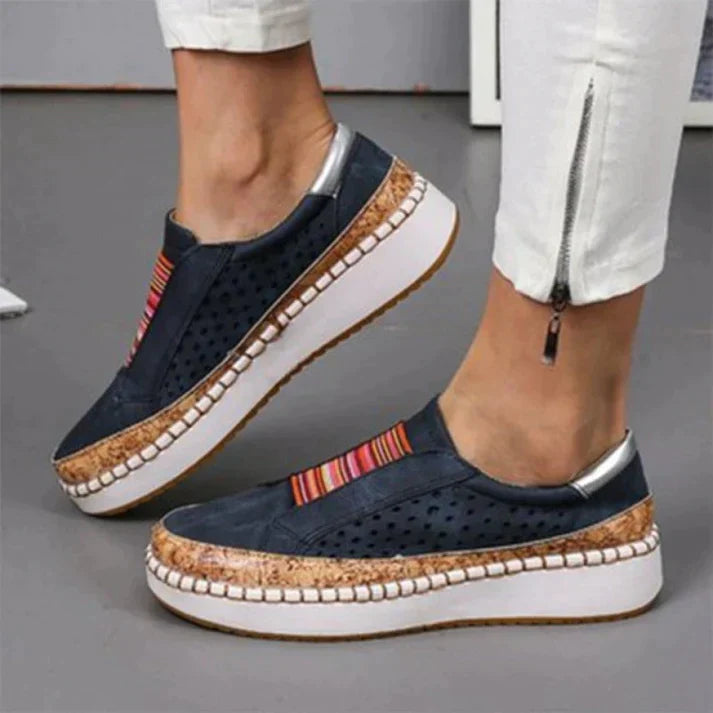 Women's Slip-on Shoes with Perforated Upper and Ethnic Elastic Band