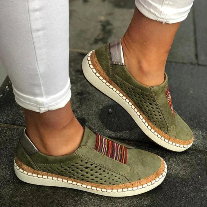 Women's Slip-on Shoes with Perforated Upper and Ethnic Elastic Band
