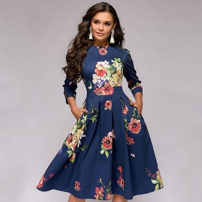 Women's Midi Formal Dress with Half Sleeves and Floral Print