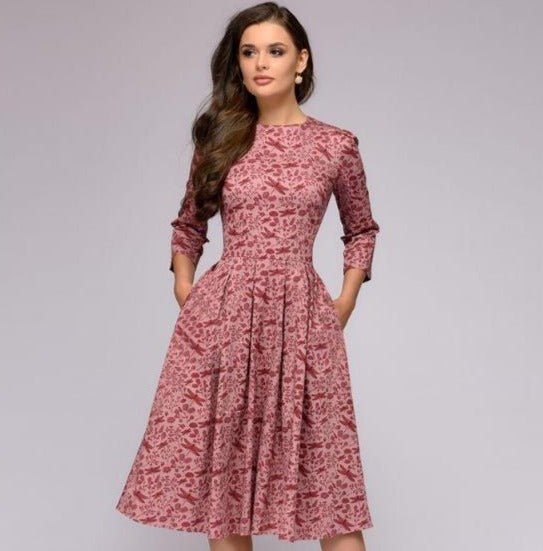 Women's Midi Formal Dress with Half Sleeves and Floral Print