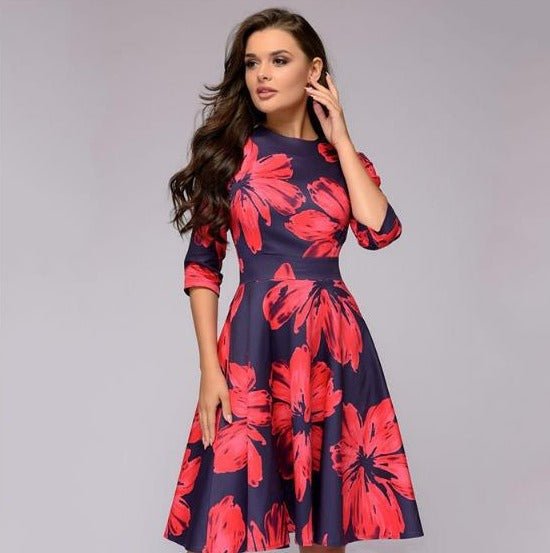 Women's Midi Formal Dress with Half Sleeves and Floral Print
