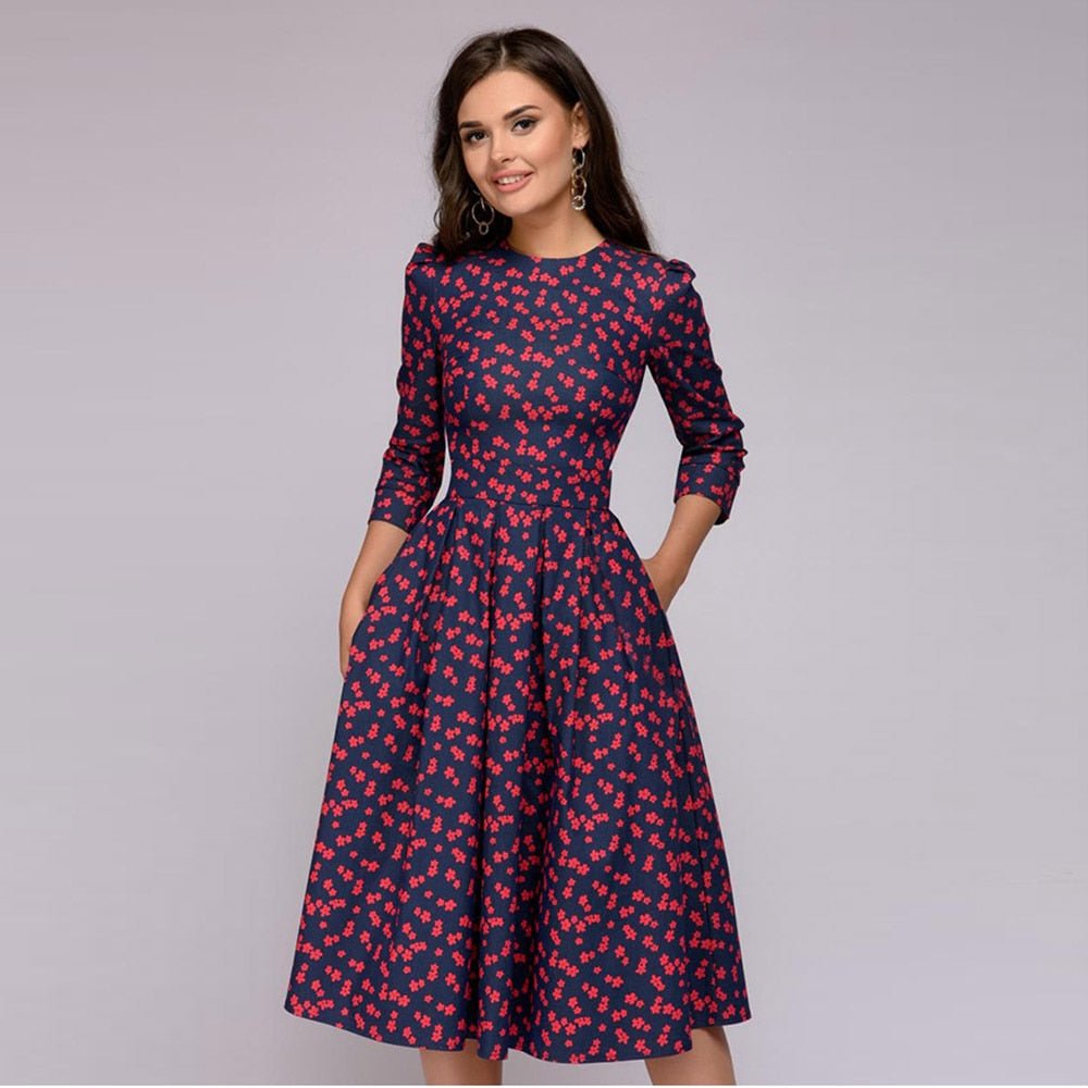 Women's Midi Formal Dress with Half Sleeves and Floral Print