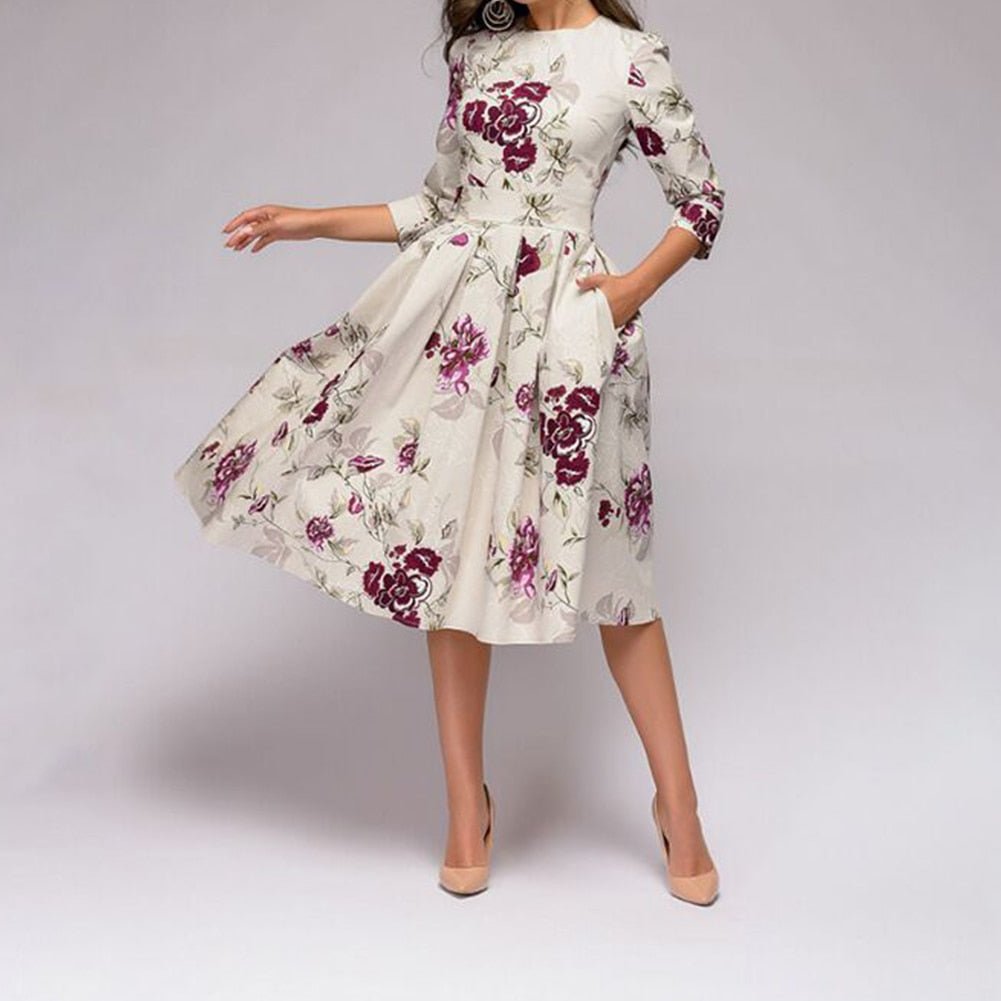 Women's Midi Formal Dress with Half Sleeves and Floral Print