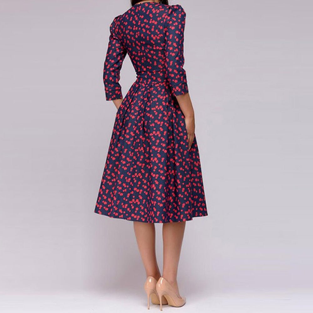 Women's Midi Formal Dress with Half Sleeves and Floral Print