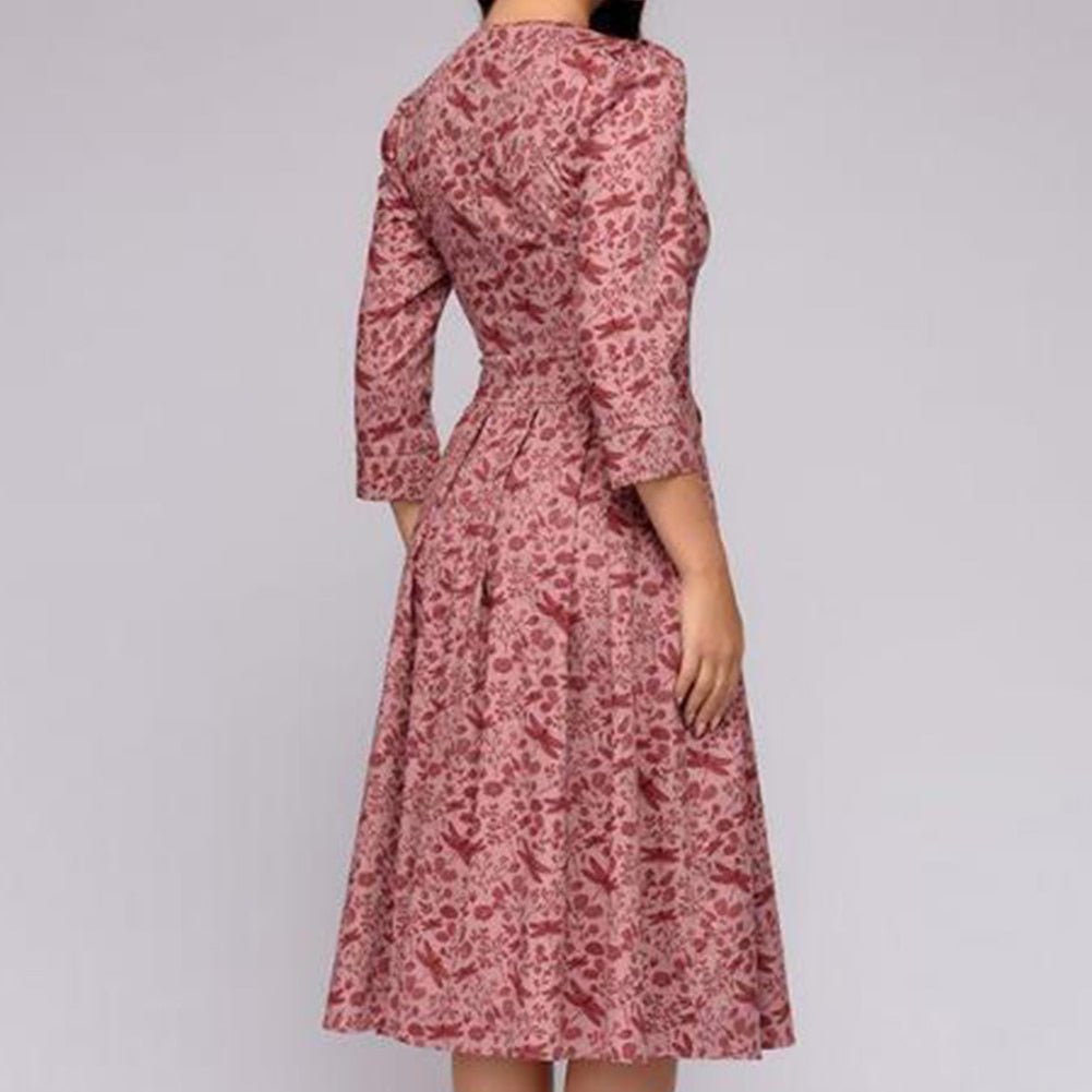 Women's Midi Formal Dress with Half Sleeves and Floral Print