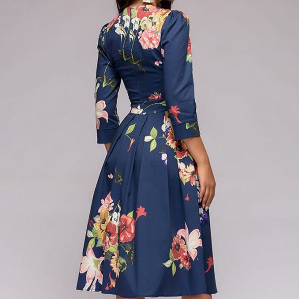 Women's Midi Formal Dress with Half Sleeves and Floral Print
