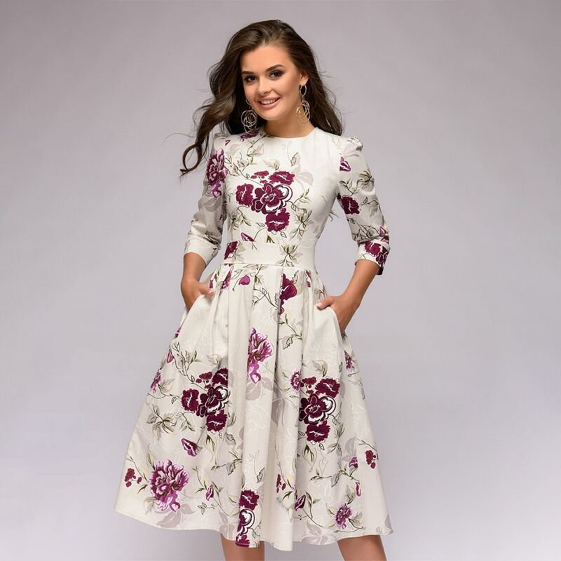 Women's Midi Formal Dress with Half Sleeves and Floral Print