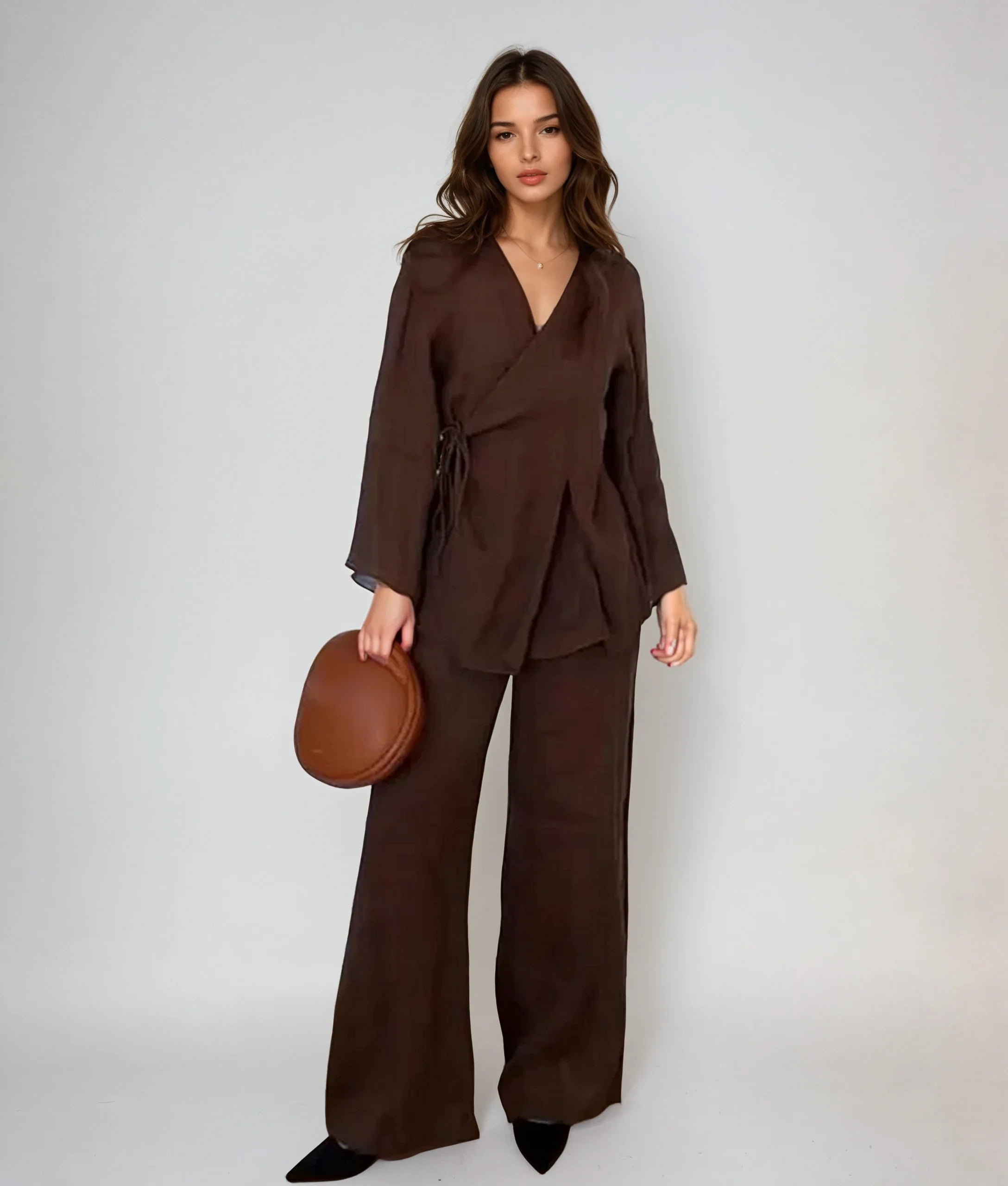 Women's Two Piece Set with Long Sleeve Wrap Top and Trouser