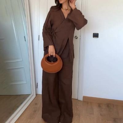 Women's Two Piece Set with Long Sleeve Wrap Top and Trouser