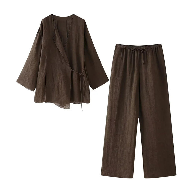 Women's Two Piece Set with Long Sleeve Wrap Top and Trouser