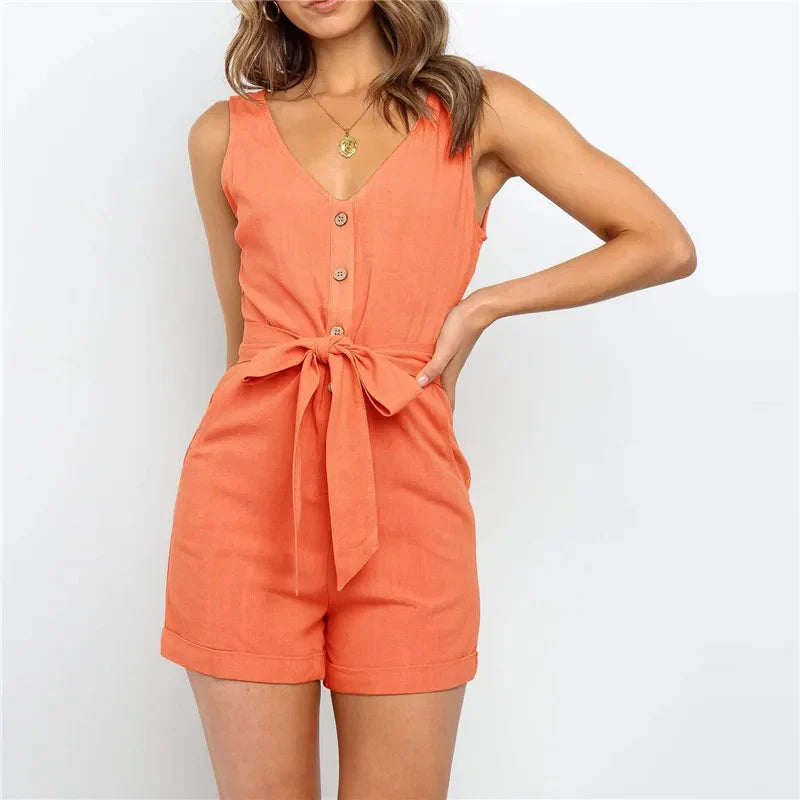 Women's Summer Sleeveless Romper with Belt and Buttons