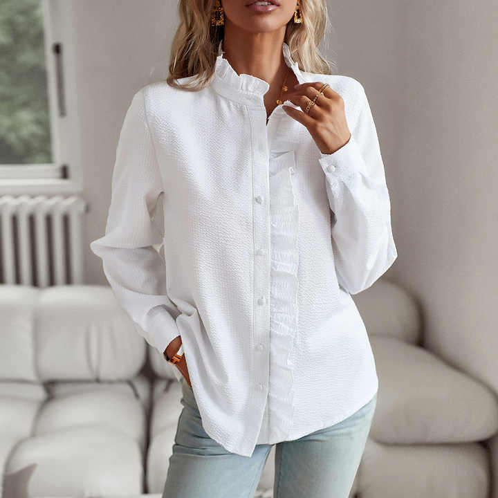 Women's Summer Long Sleeve Blouse with Buttons and Ruffles