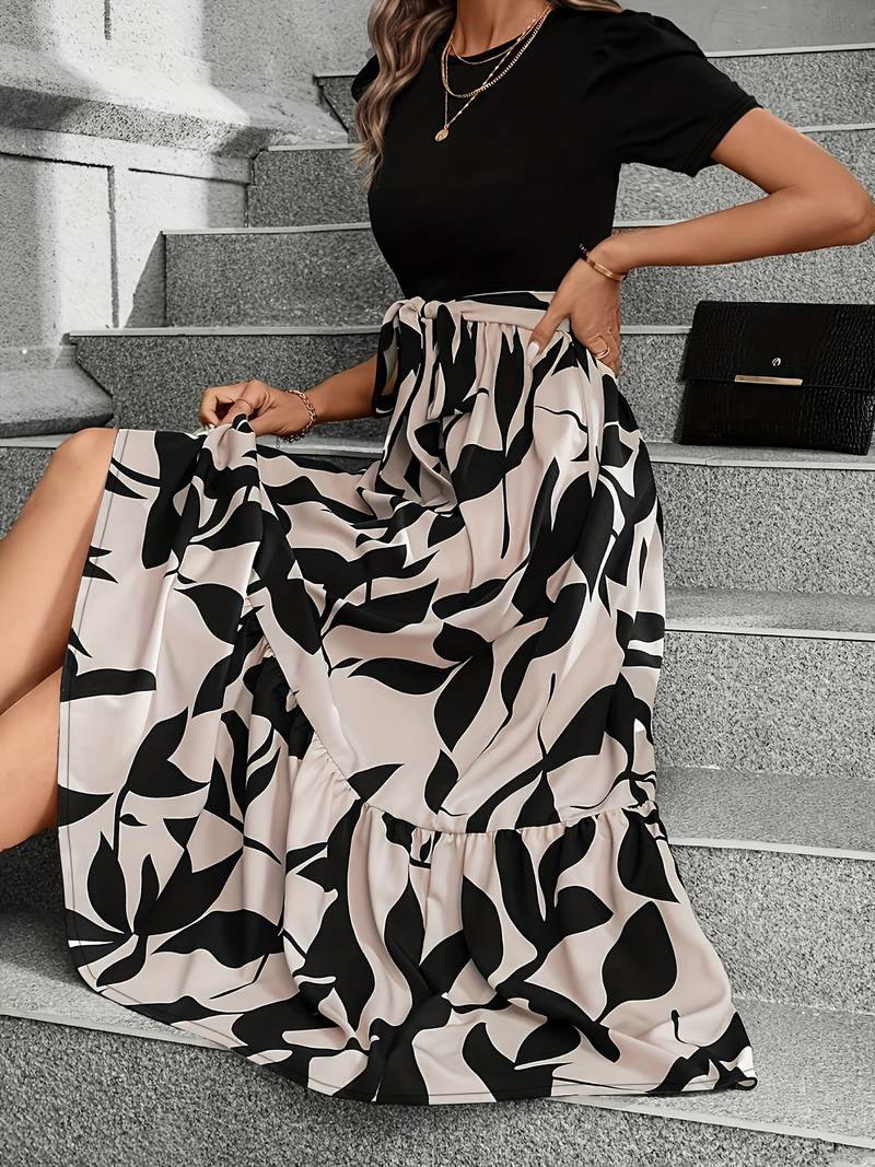 Women's Short Sleeve Dress with Leaf Print Skirt and Belt