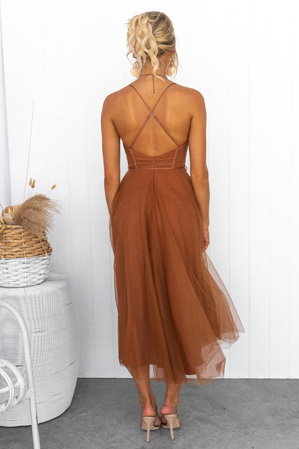 Women's Summer Corset Midi Dress with Tulle Skirt and Spaghetti Straps