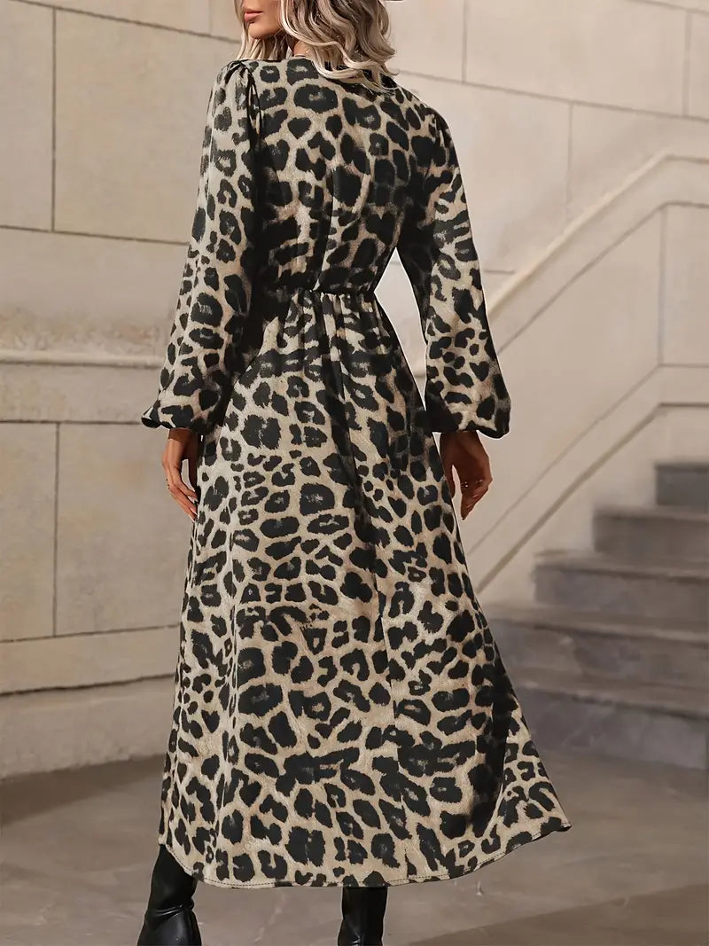 Women's Leopard Print Midi Dress with Slit and Long Sleeves