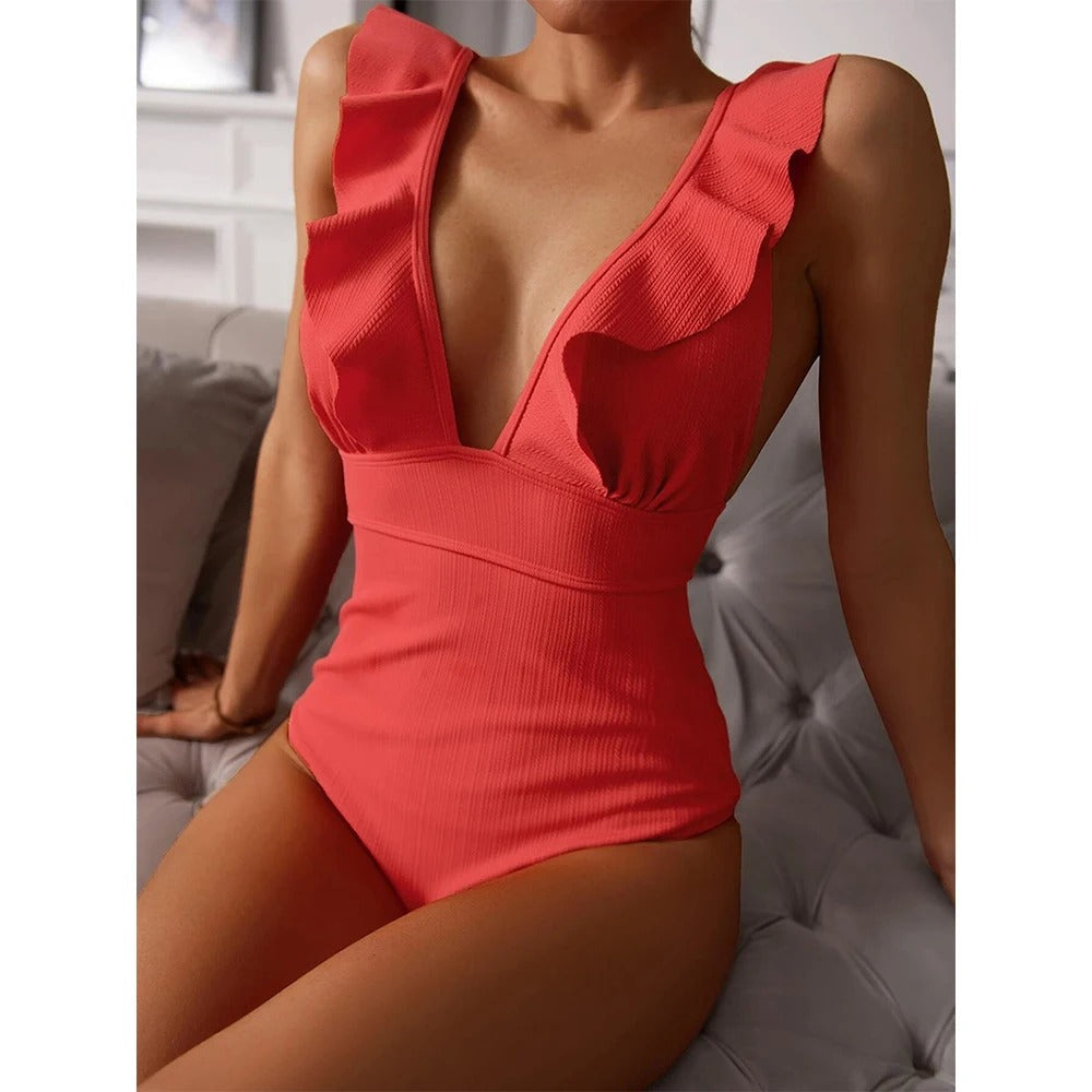 Women's Summer One Piece Swimwear with Deep V-neck and Ruffles