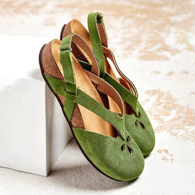 Women's Summer Suede Flat Sandals with Cutout Detail and Cross Straps