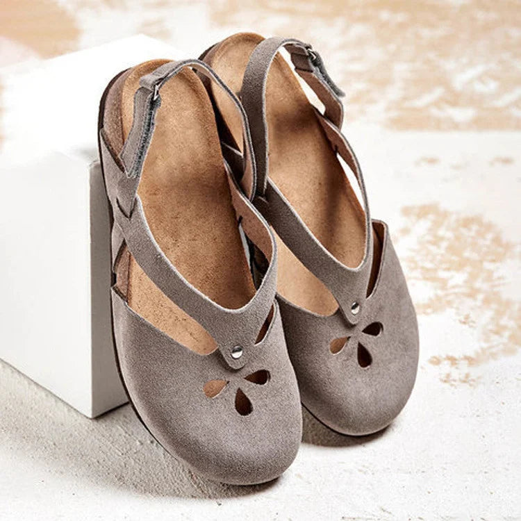 Women's Summer Suede Flat Sandals with Cutout Detail and Cross Straps
