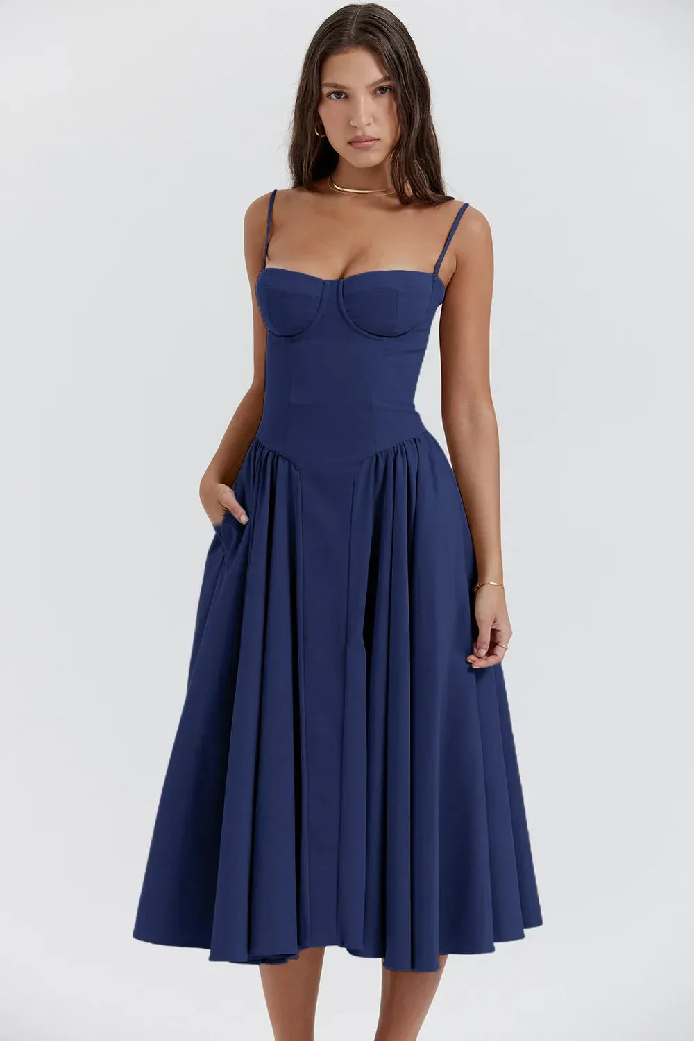 Women's Summer Midi Dress with Gathered Full Skirt and Sleeveless