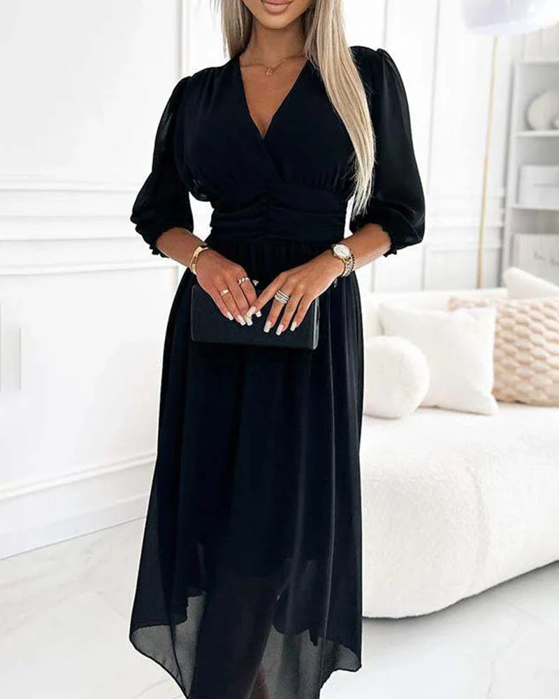 Women's Summer Midi Dress with Puff Sleeves and V-neckline