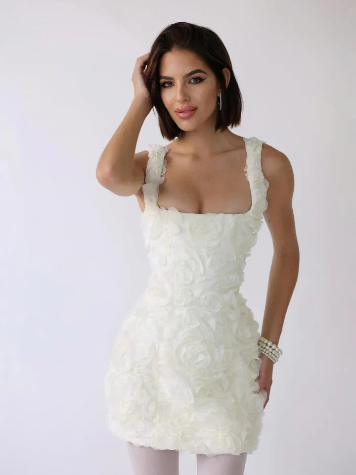 Women's Summer Mini Dress with Textured Floral and Square Neckline
