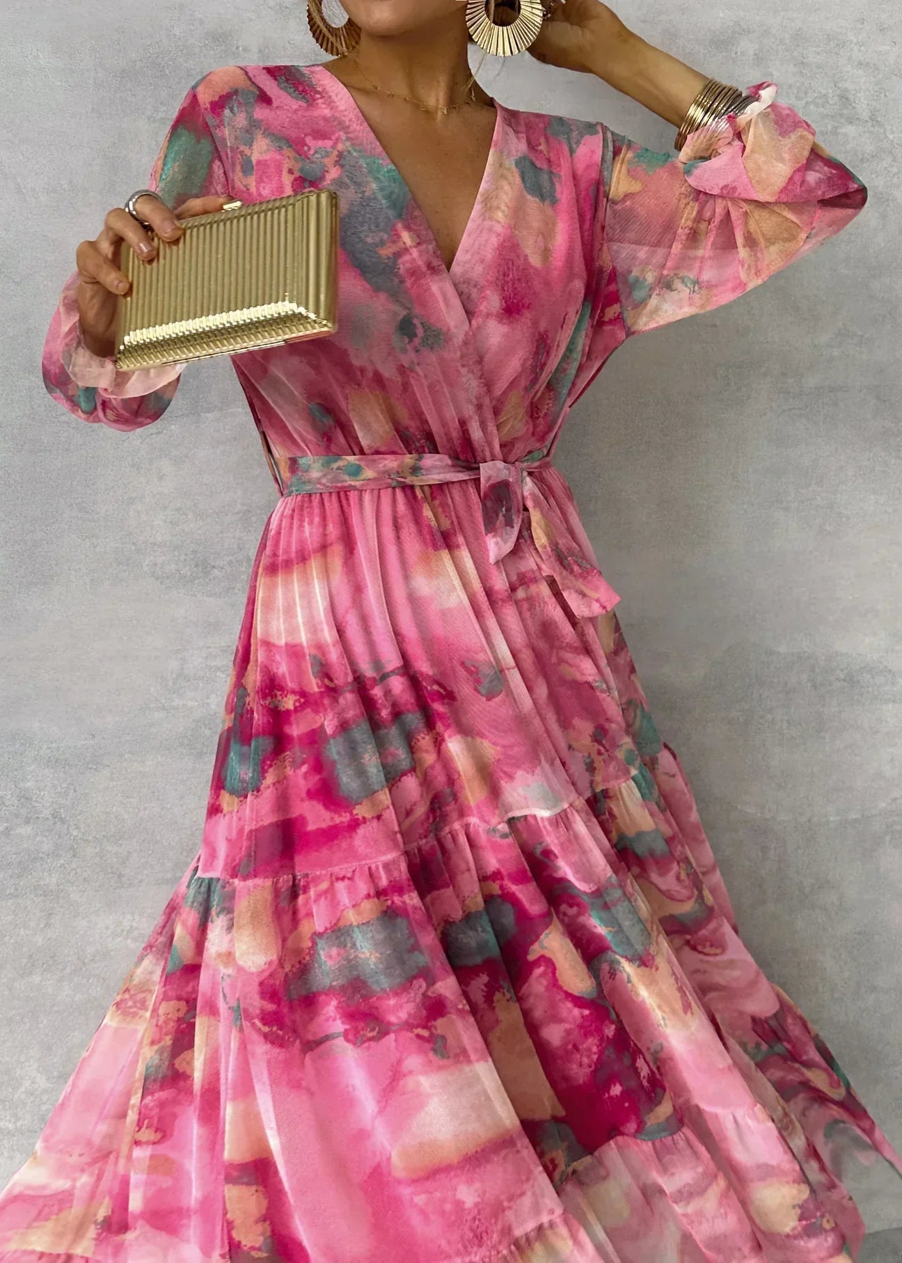 Women's Summer Floral Wrap Dress with Belt and Long Sleeves