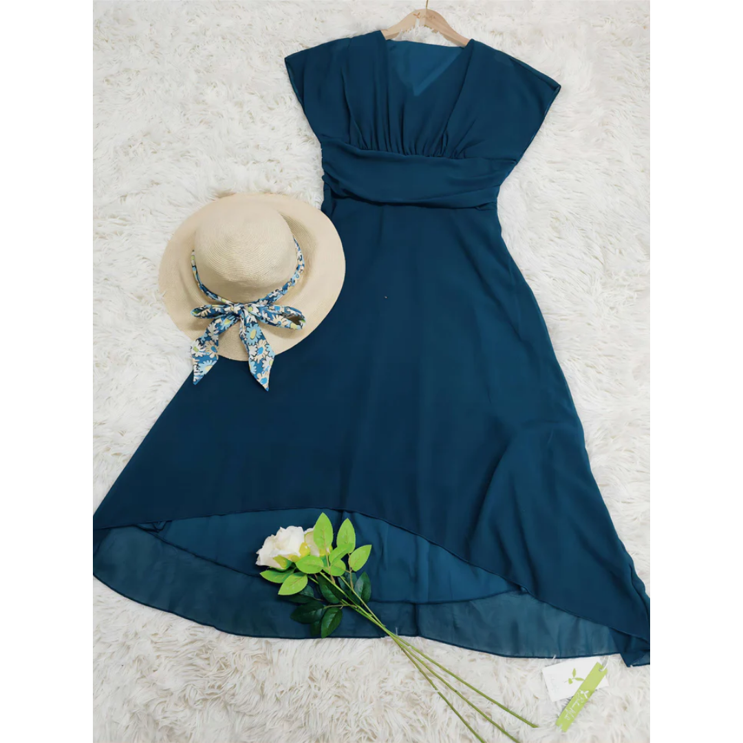 Women's Summer Short Sleeve Midi Dress with V-neck and Sheer Detail