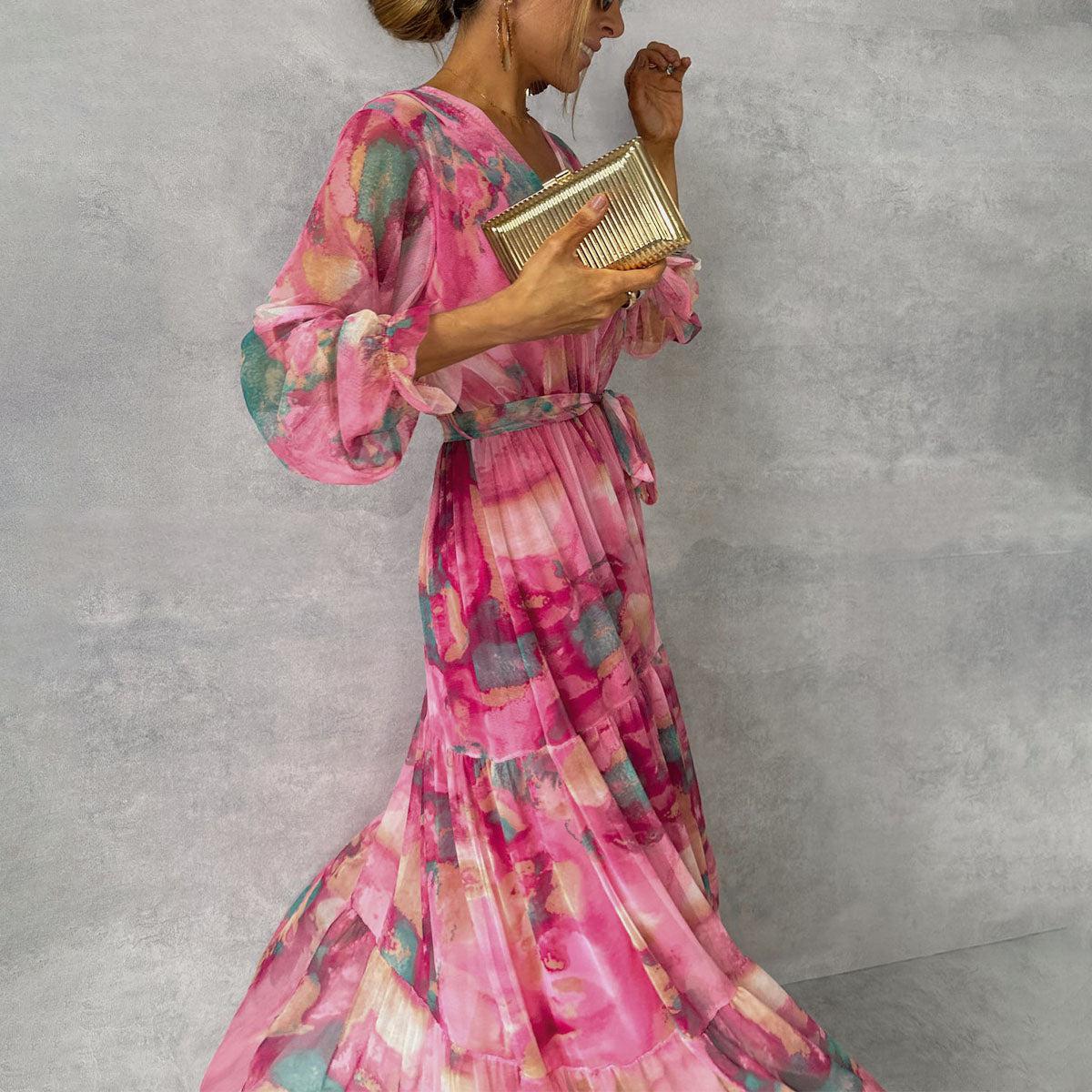 Women's Summer Floral Wrap Dress with Belt and Long Sleeves