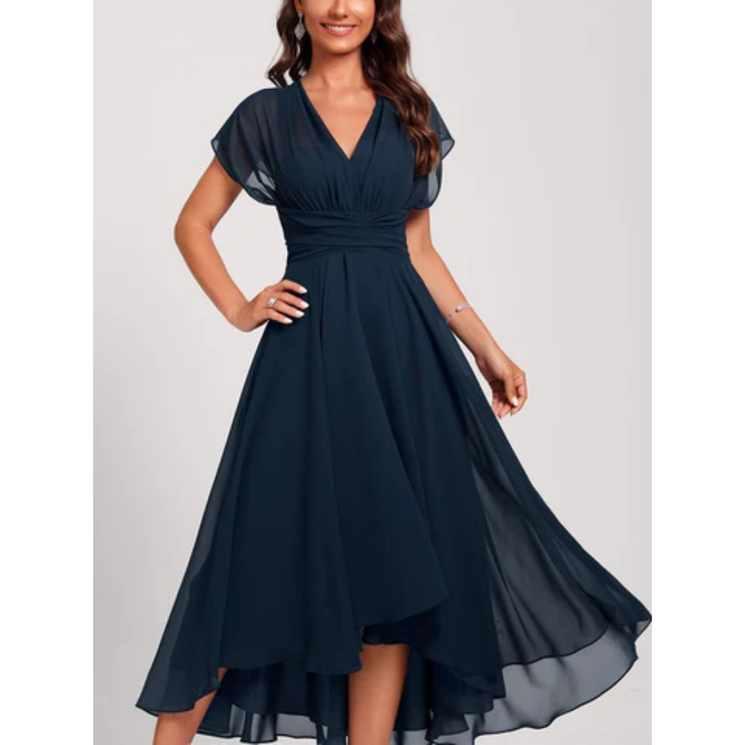 Women's Summer Short Sleeve Midi Dress with V-neck and Sheer Detail