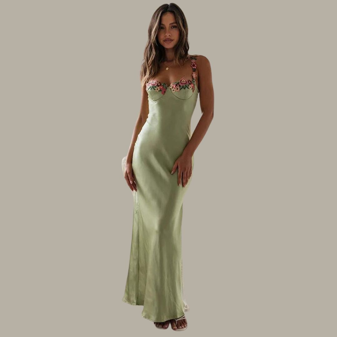 Women's Summer Maxi Dress with Floral Line and Sleeveless