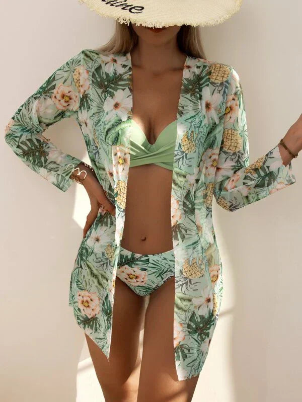 Women's Summer Bikini Set with Floral Cardigan