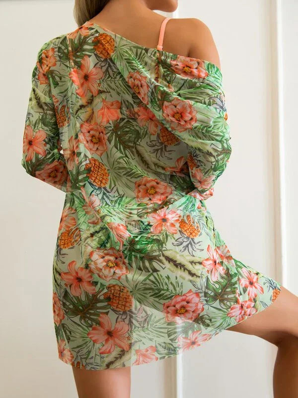 Women's Summer Bikini Set with Floral Cardigan