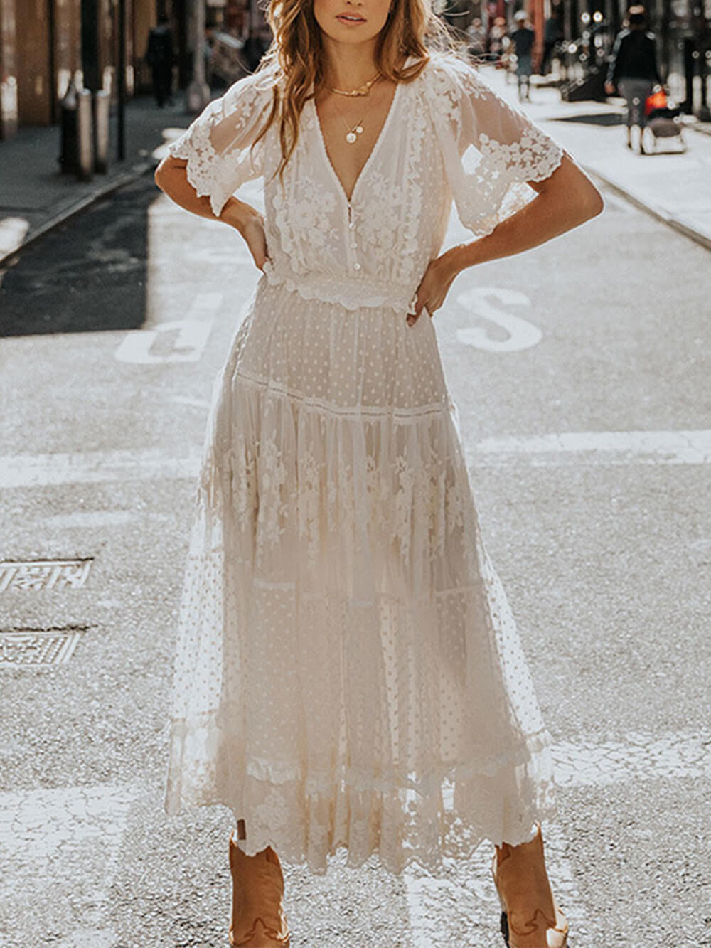 Women's Summer Lace Dress with V-neck and Buttons