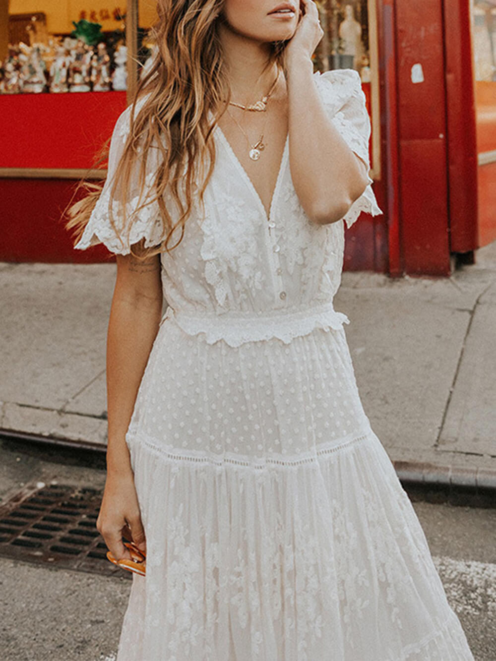 Women's Summer Lace Dress with V-neck and Buttons