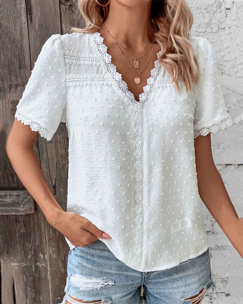 Women's Summer Embroidered Blouse with V-neck and Laces