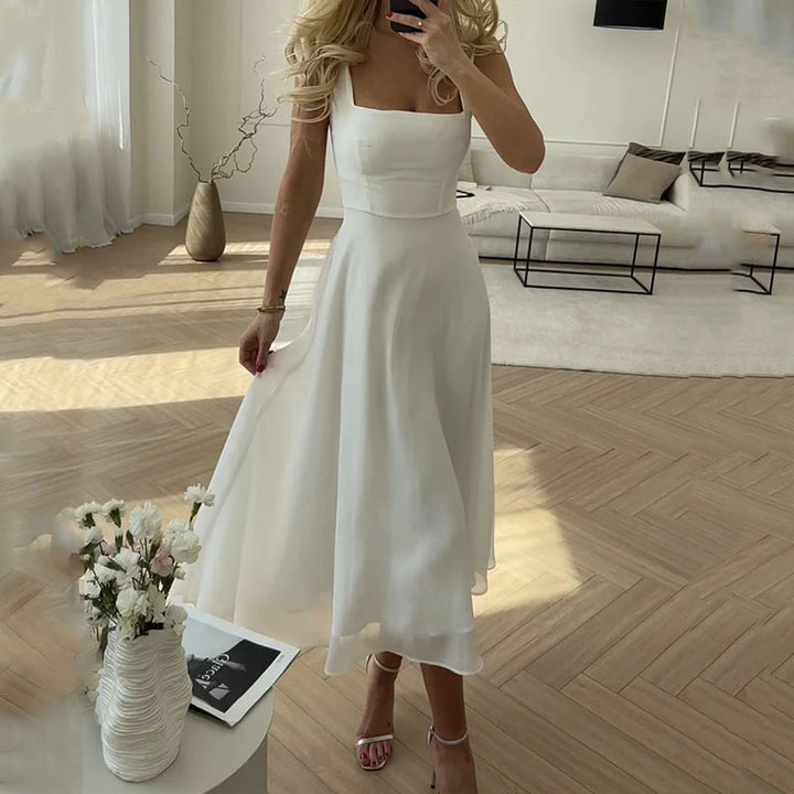 Women's Summer Midi Dress with Square Neckline and Sleeveless