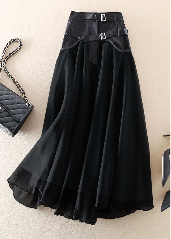 Women's High-Waisted Long Skirt with Sheer Overlay and Belted Waist