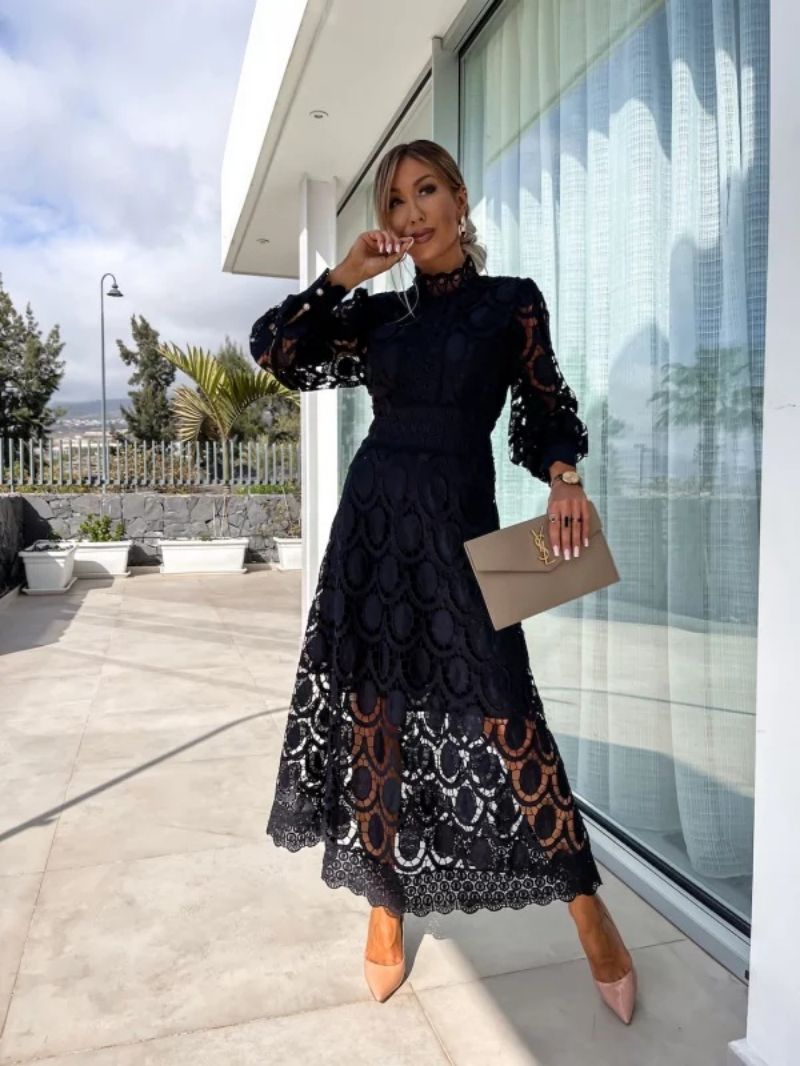 Women's Summer Lace Dress with Puff Sleeves and High Neck