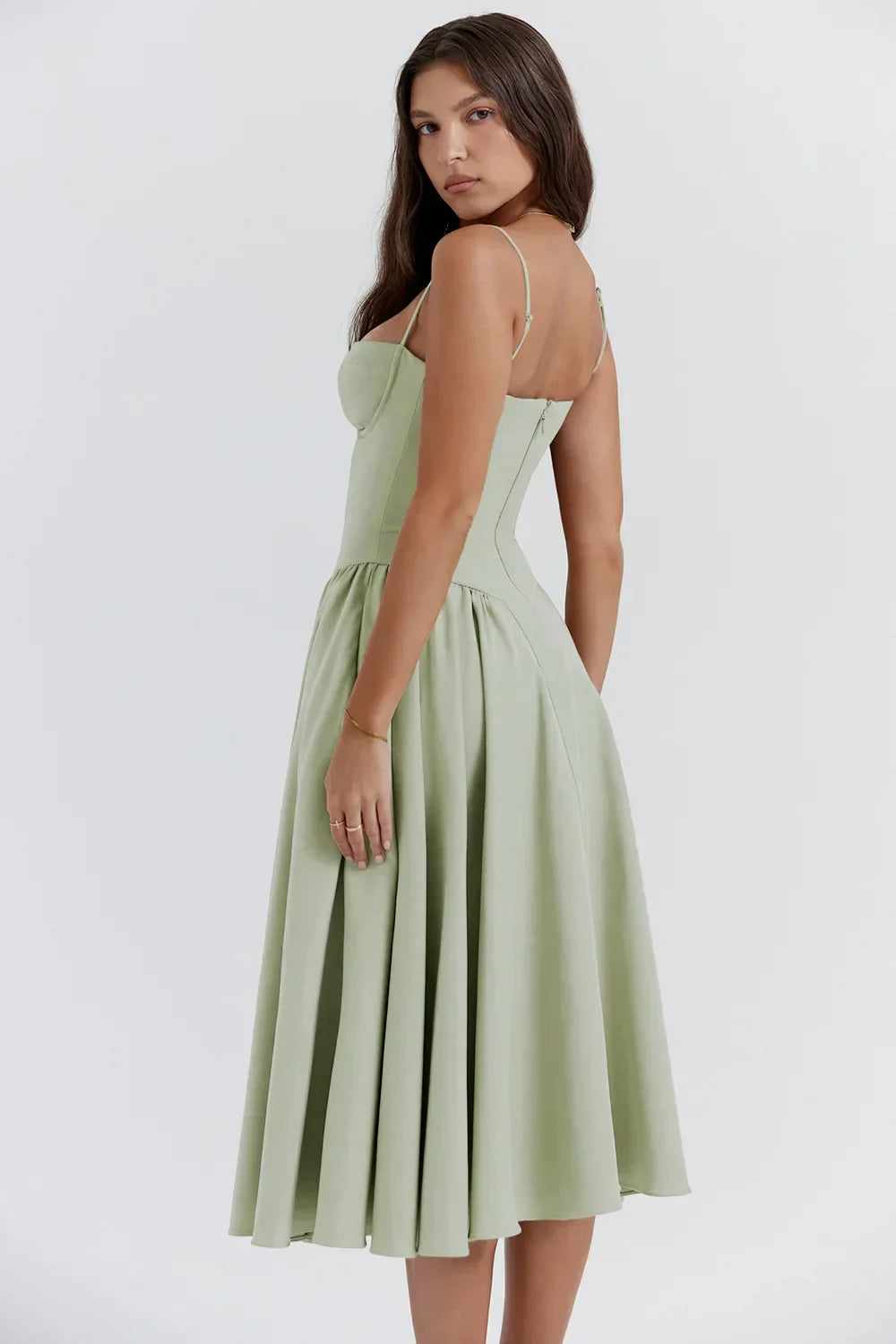 Women's Summer Midi Dress with Gathered Full Skirt and Sleeveless