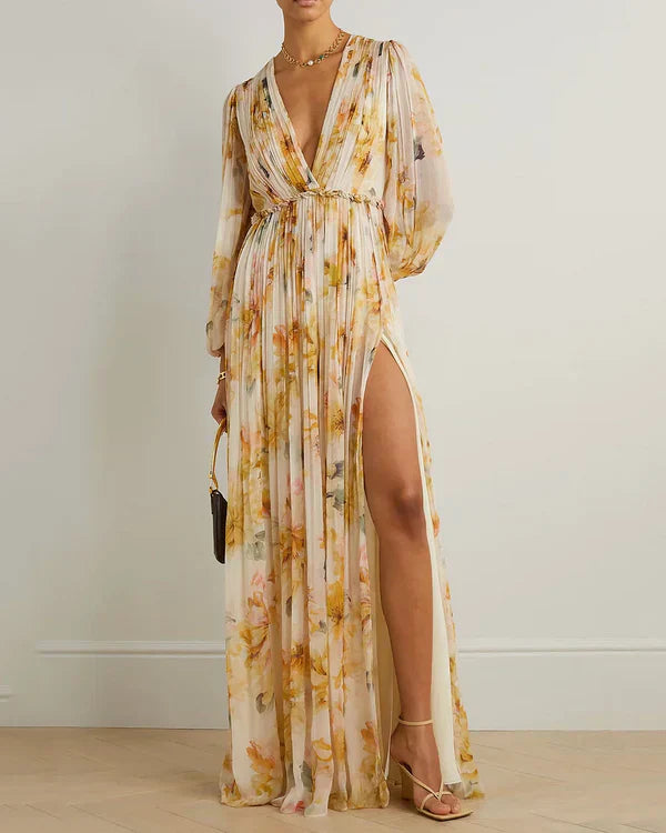 Women's Summer Floral Maxi Dress with Deep V-neck and Slit