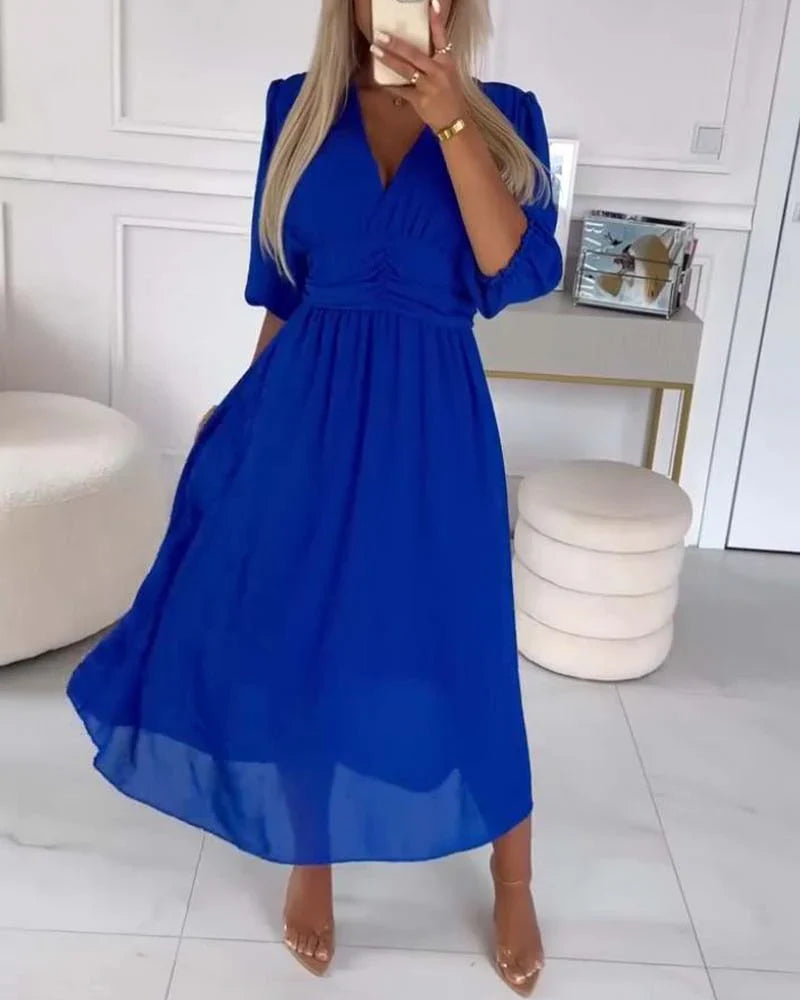 Women's Summer Midi Dress with Puff Sleeves and V-neckline