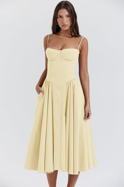 Women's Summer Midi Dress with Gathered Full Skirt and Sleeveless