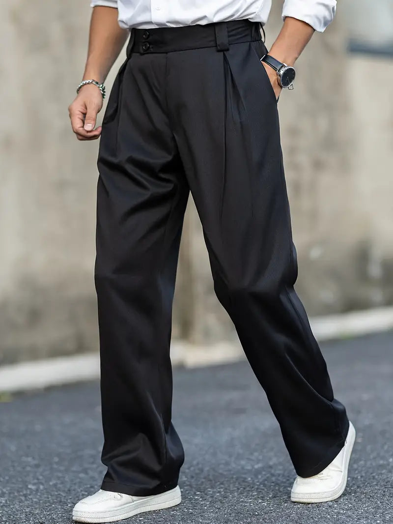 Men's Pleated Wide-Leg Trousers with Double Button Waistband