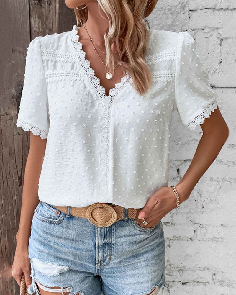 Women's Summer Embroidered Blouse with V-neck and Laces