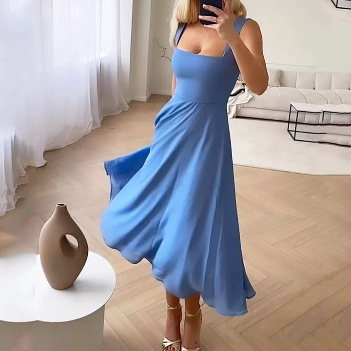Women's Summer Midi Dress with Square Neckline and Sleeveless