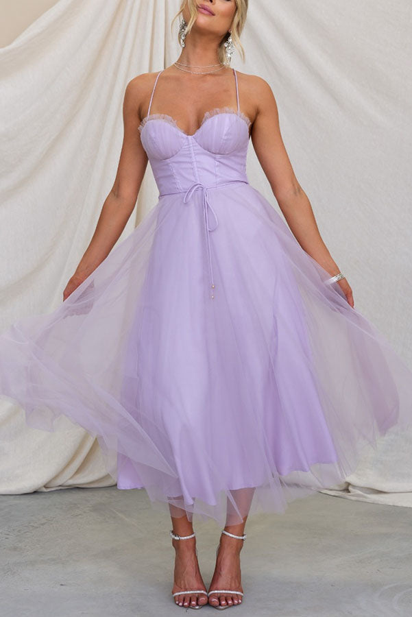 Women's Summer Corset Midi Dress with Tulle Skirt and Spaghetti Straps