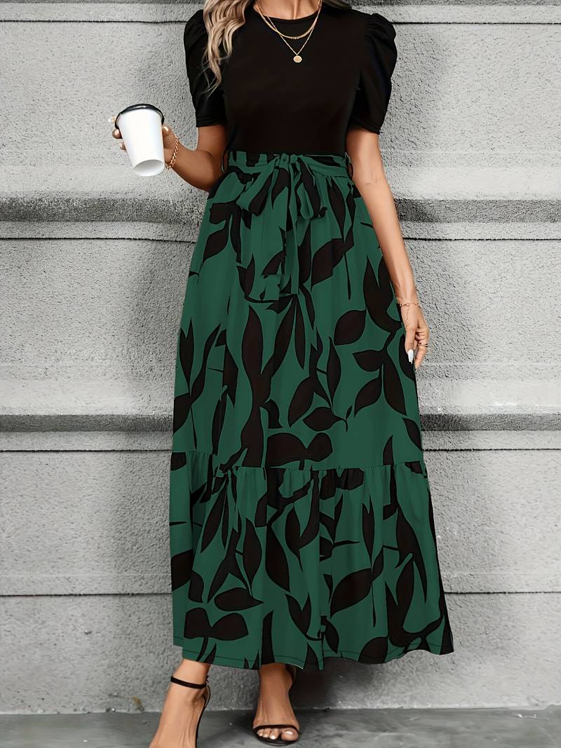 Women's Short Sleeve Dress with Leaf Print Skirt and Belt