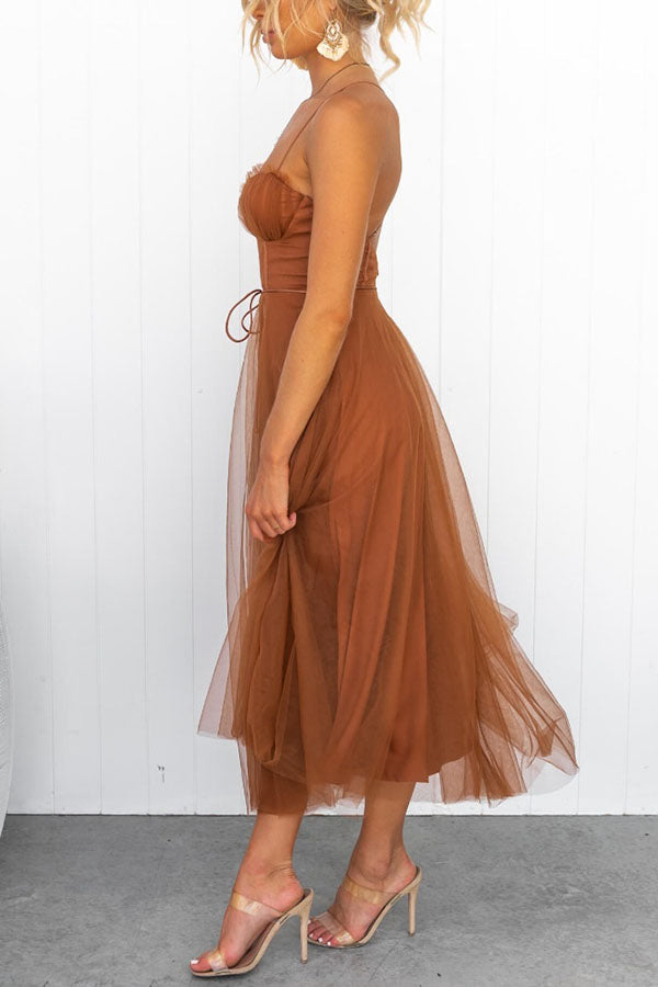 Women's Summer Corset Midi Dress with Tulle Skirt and Spaghetti Straps