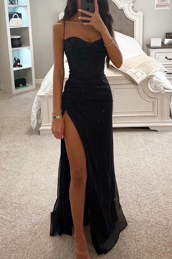 Women's Summer Shimmer Corset Long Dress with Slit and Spaghetti Strap